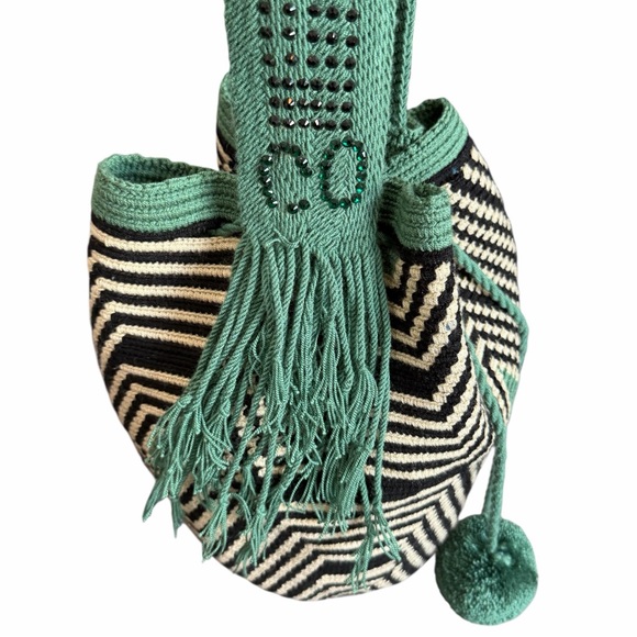 N/A Handbags - Emerald and Black Wayuu mochila bag geometric pattern green strap and tassels